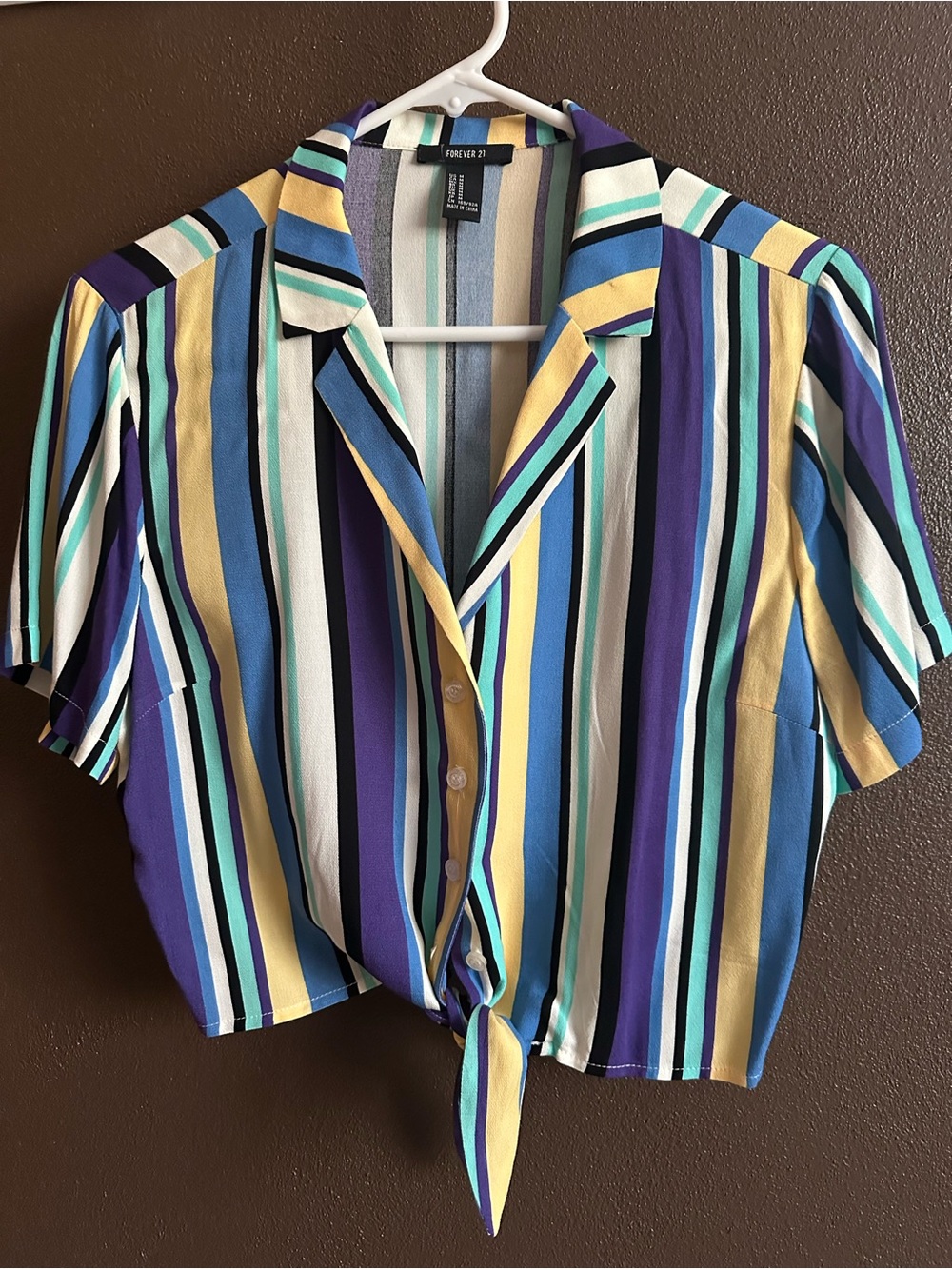 Forever 21 Multi-Stripe Tie-Front Crop Top - Blue, Yellow, Purple, Cream, Teal
